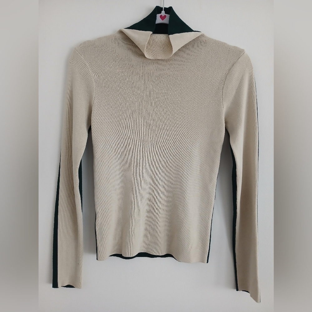 CoMMENSE 2 Toned Mock Collar Sweater. Deep Hunter Green & Rich Cream Sz M EUC